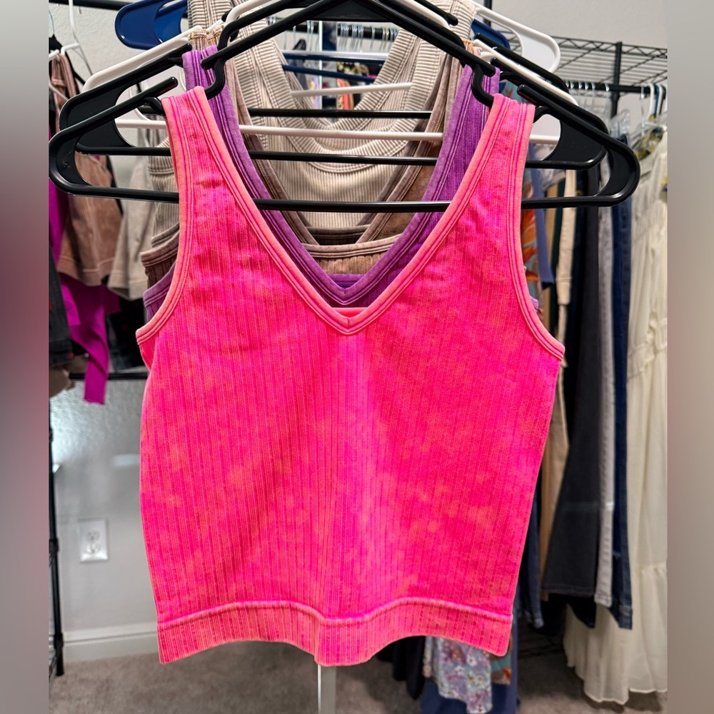 Zenana 2 Way V/Scoop neck Acid Washed Coral/Fuschia Ribbed Brami Tank